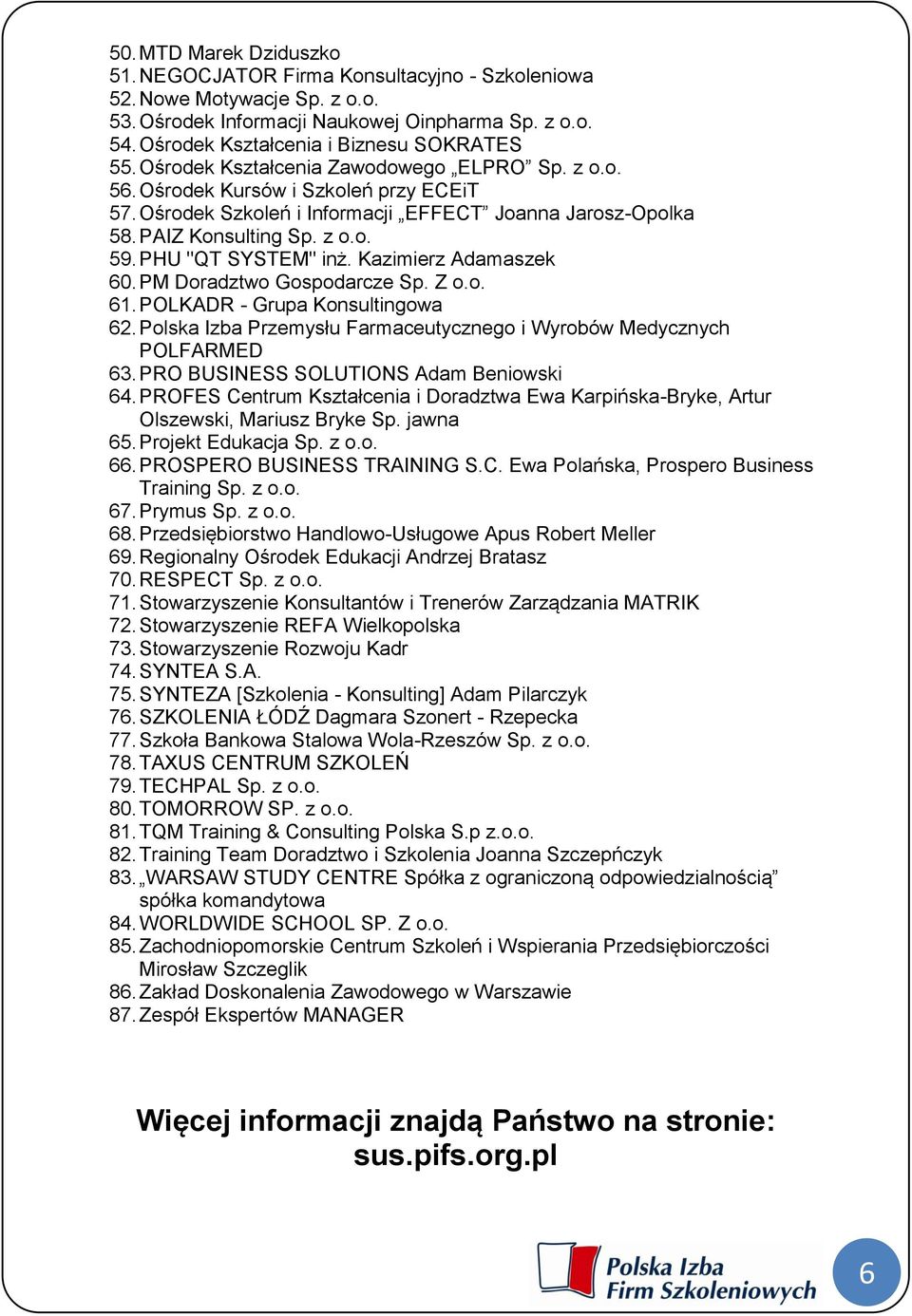 PAIZ Konsulting Sp. z o.o. 59. PHU "QT SYSTEM" inż. Kazimierz Adamaszek 60. PM Doradztwo Gospodarcze Sp. Z o.o. 61. POLKADR - Grupa Konsultingowa 62.