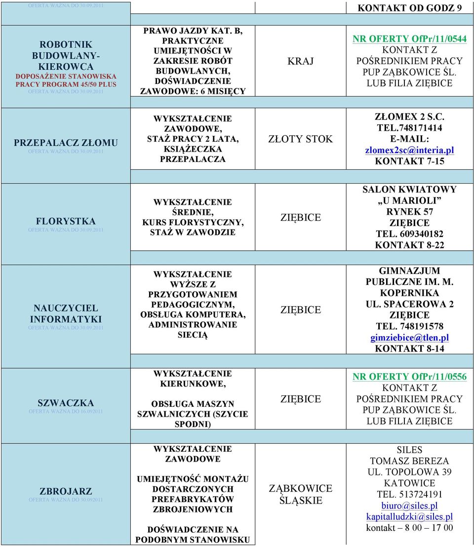 LUB FILIA ZIĘBICE PRZEPALACZ ZŁOMU STAŻ PRACY 2 LATA, KSIĄŻECZKA PRZEPALACZA ZŁOTY STOK ZŁOMEX 2 S.C. TEL.748171414 E-MAIL: zlomex2sc@interia.