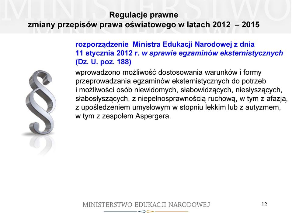 188) wprowadzono możliwość dostosowania warunków i formy przeprowadzania egzaminów eksternistycznych do potrzeb i możliwości osób