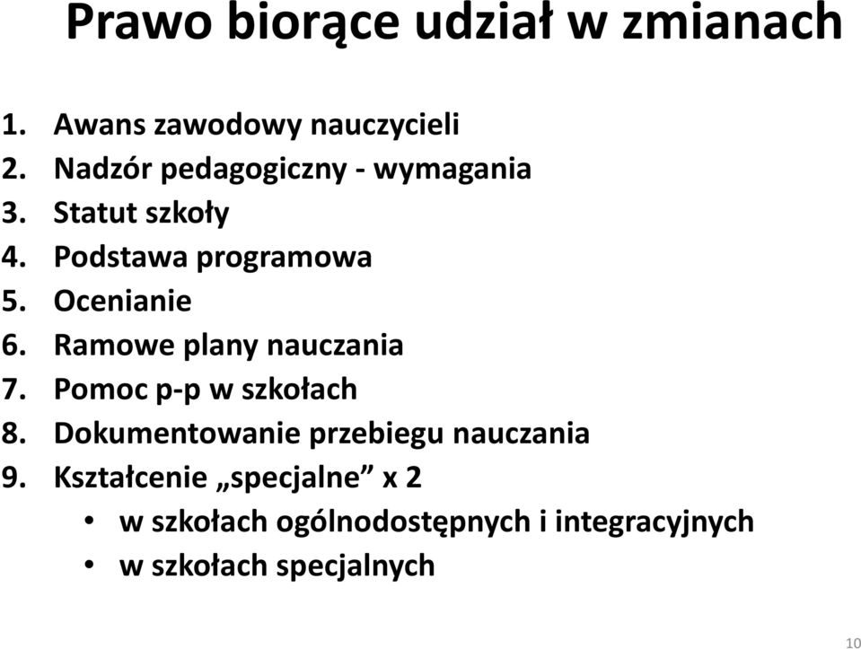 Ocenianie 6. Ramowe plany nauczania 7. Pomoc p-pw szkołach 8.