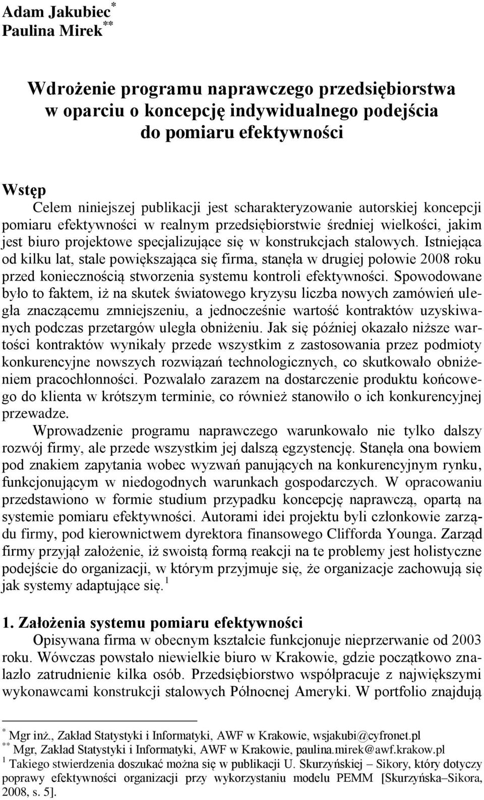 Istniejąca od kilku lat, stale powiększająca się firma, stanęła w drugiej połowie 2008 roku przed koniecznością stworzenia systemu kontroli efektywności.