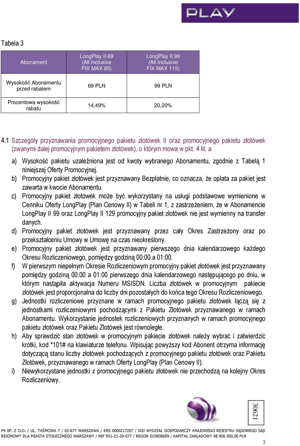 a a) Wysokość pakietu uzaleŝniona jest od kwoty wybranego Abonamentu, zgodnie z Tabelą 1 niniejszej Oferty Promocyjnej.