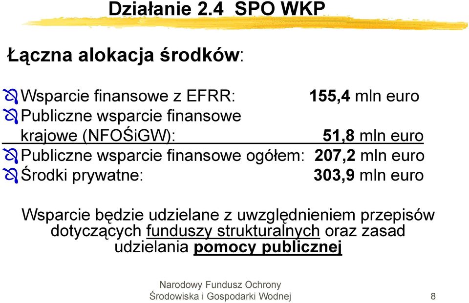 finansowe krajowe (NFOŚiGW): 51,8 mln euro Publiczne wsparcie finansowe ogółem: 207,2 mln euro