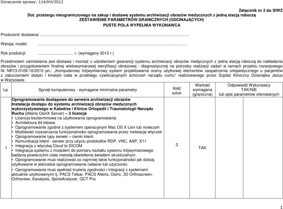 dostawca:... Wersja/ model:.... Rok produkcji: r. (wymagany 2012 r.