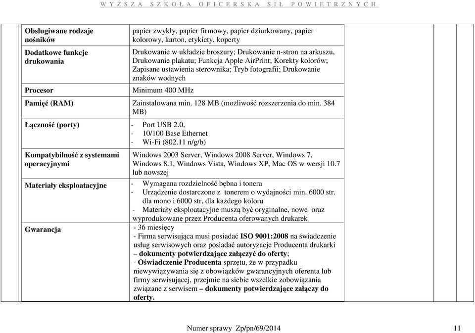 Zainstalowana min. 128 MB (możliwość rozszerzenia do min. 384 MB) Łączność (porty) - Port USB 2.0, - 10/100 Base Ethernet - Wi-Fi (802.