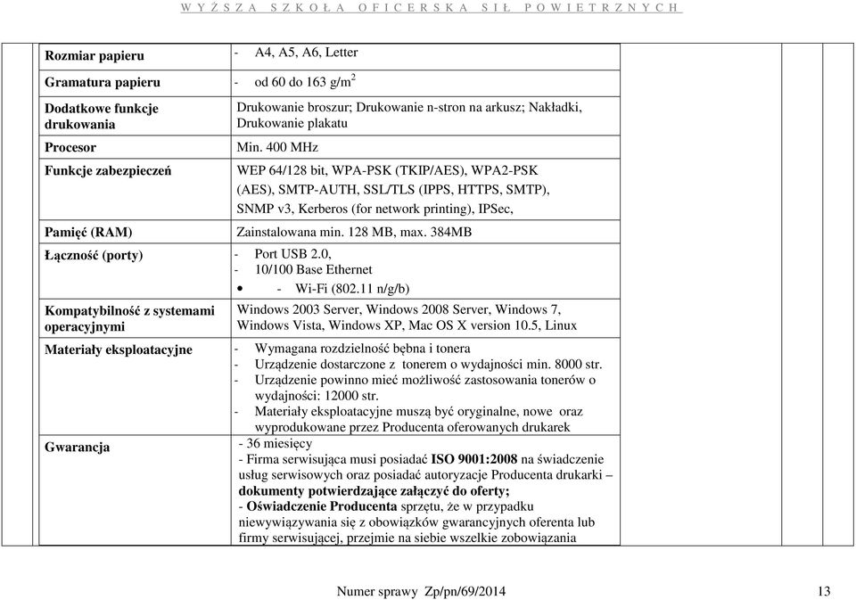 400 MHz WEP 64/128 bit, WPA-PSK (TKIP/AES), WPA2-PSK (AES), SMTP-AUTH, SSL/TLS (IPPS, HTTPS, SMTP), SNMP v3, Kerberos (for network printing), IPSec, Zainstalowana min. 128 MB, max.