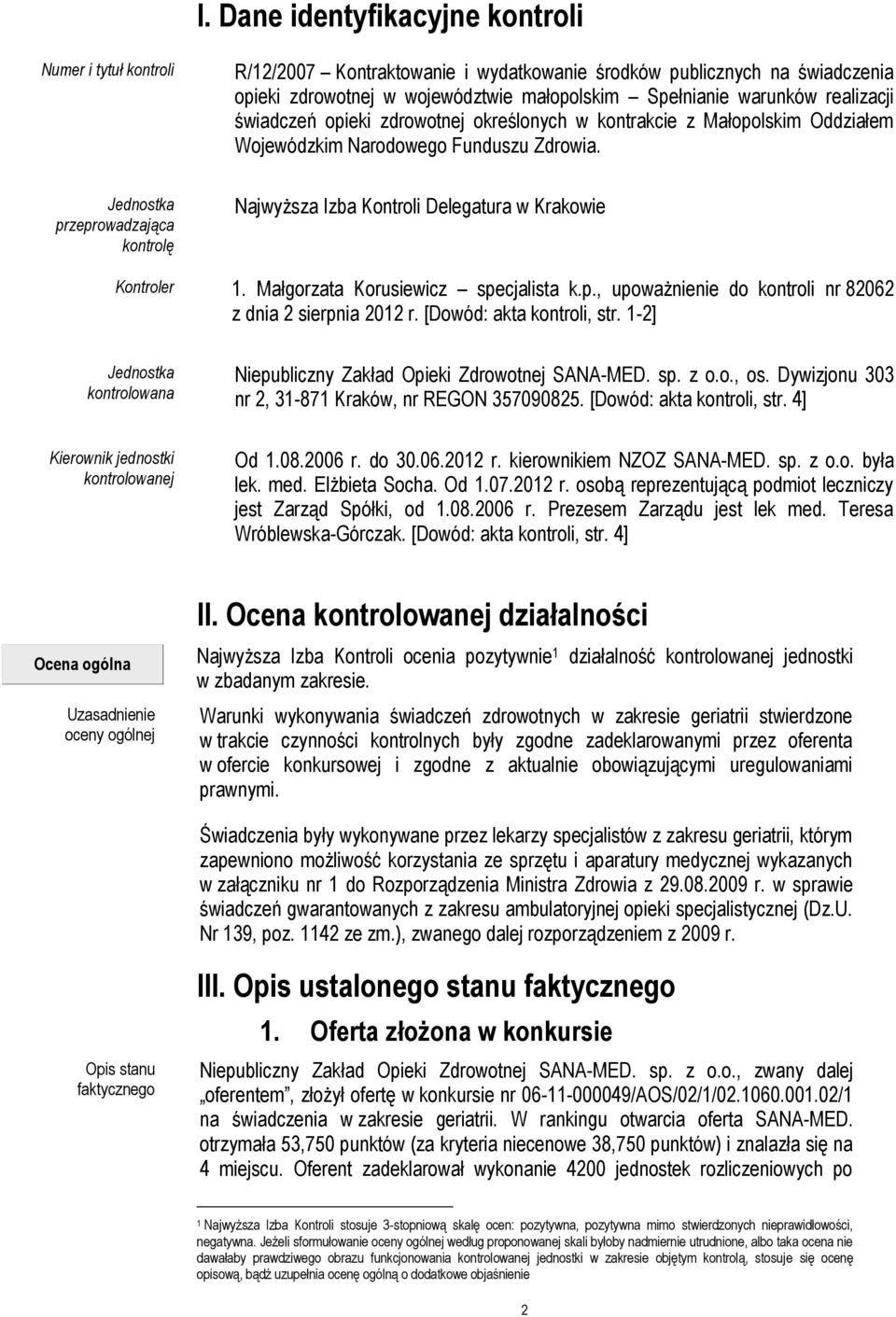 Jednostka przeprowadzająca kontrolę Najwyższa Izba Kontroli Delegatura w Krakowie Kontroler 1. Małgorzata Korusiewicz specjalista k.p., upoważnienie do kontroli nr 82062 z dnia 2 sierpnia 2012 r.