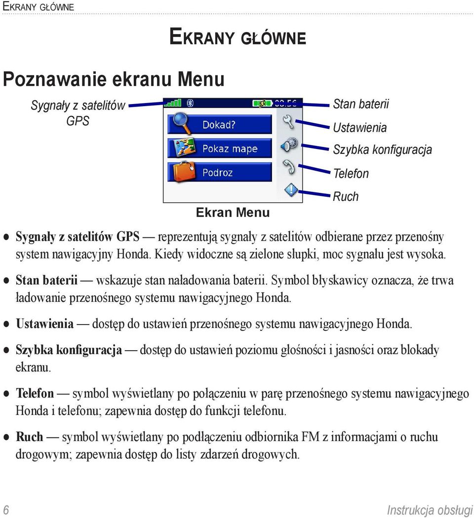 Symbol błyskawicy oznacza, że trwa ładowanie przenośnego systemu nawigacyjnego Honda. Ustawienia dostęp do ustawień przenośnego systemu nawigacyjnego Honda.