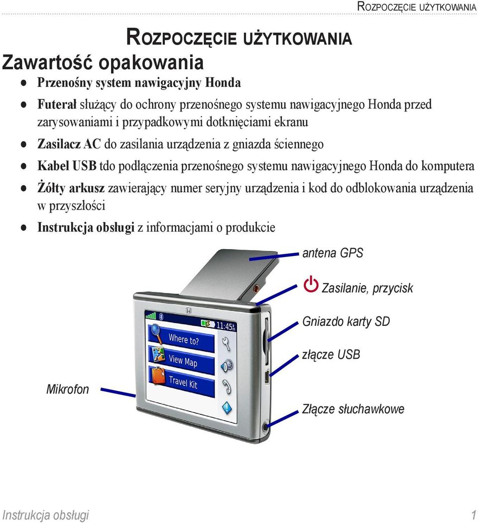 Kabel USB tdo podłączenia przenośnego systemu nawigacyjnego Honda do komputera Żółty arkusz zawierający numer seryjny urządzenia i kod do