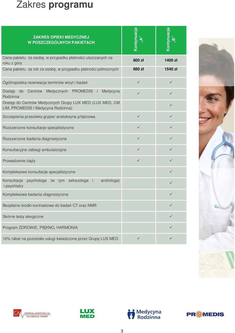 Grupy LUX MED (LUX MED, CM LIM, PROMEDIS i Medycyna Rodzinna) Szczepienia przeciwko grypie/ anatoksyna p/tężcowa Rozszerzone konsultacje specjalistyczne Rozszerzone badania diagnostyczne