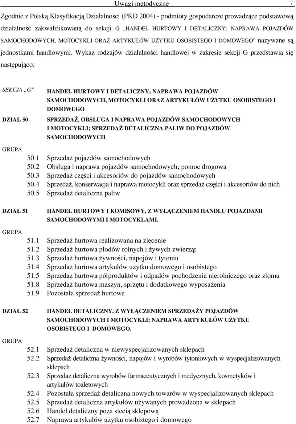 Wykaz rodzajów działalności handlowej w zakresie sekcji G przedstawia się następująco: SEKCJA G DZIAŁ 50 HANDEL HURTOWY I DETALICZNY; NAPRAWA POJAZDÓW SAMOCHODOWYCH, MOTOCYKLI ORAZ ARTYKUŁÓW UŻYTKU
