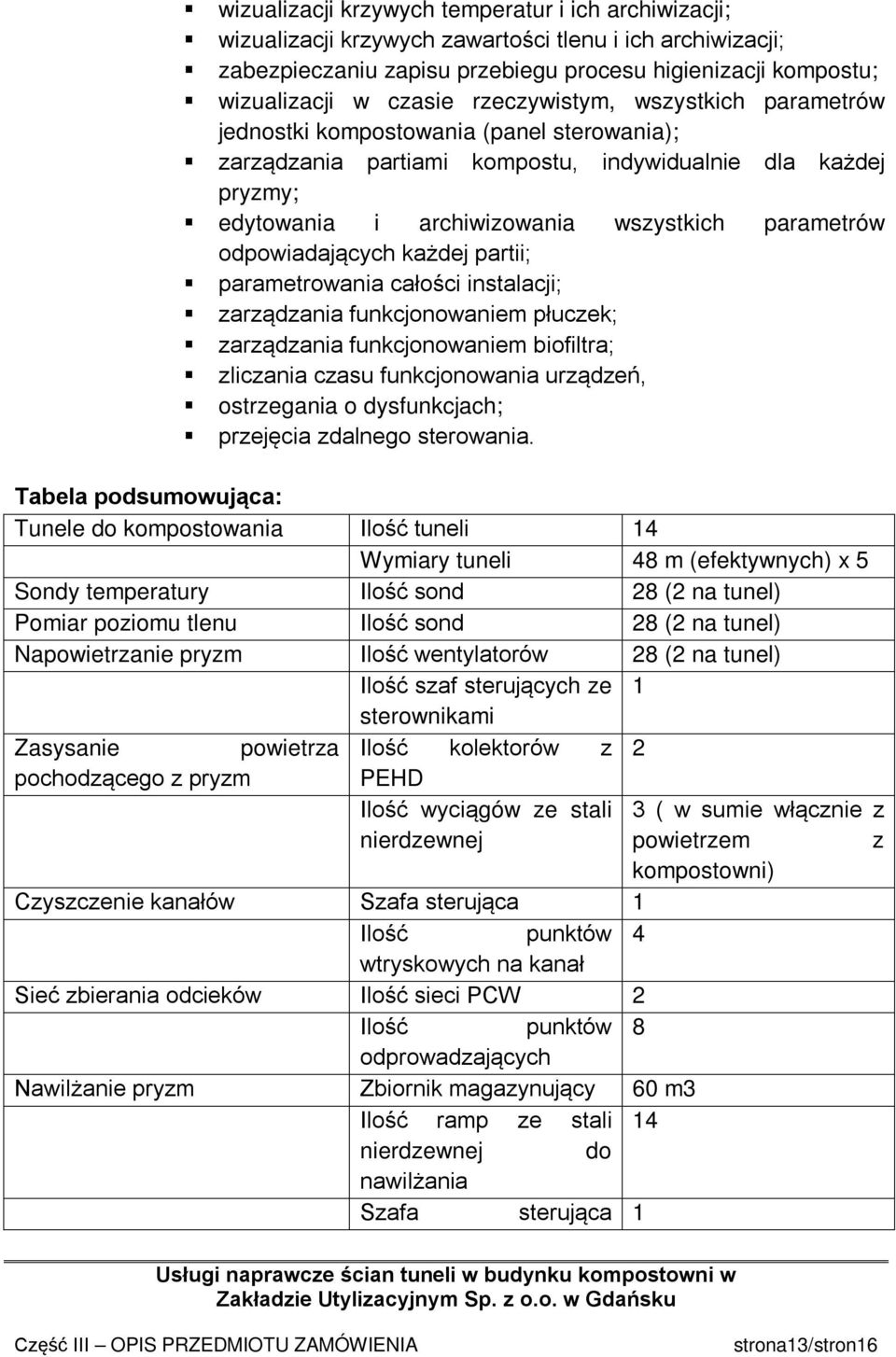 odpowiadających każdej partii; parametrowania całości instalacji; zarządzania funkcjonowaniem płuczek; zarządzania funkcjonowaniem biofiltra; zliczania czasu funkcjonowania urządzeń, ostrzegania o