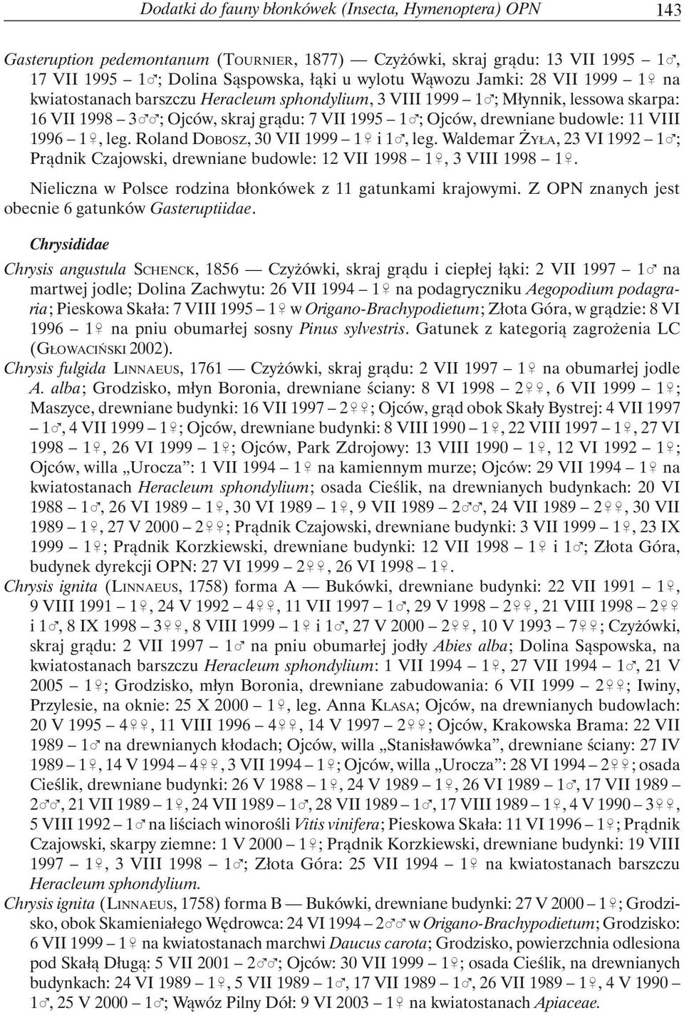 1996 1&, leg. Roland DOBOSZ, 30 VII 1999 1& i 1%, leg. Waldemar ŻYŁA, 23 VI 1992 1%; Prądnik Czajowski, drewniane budowle: 12 VII 1998 1&, 3 VIII 1998 1&.