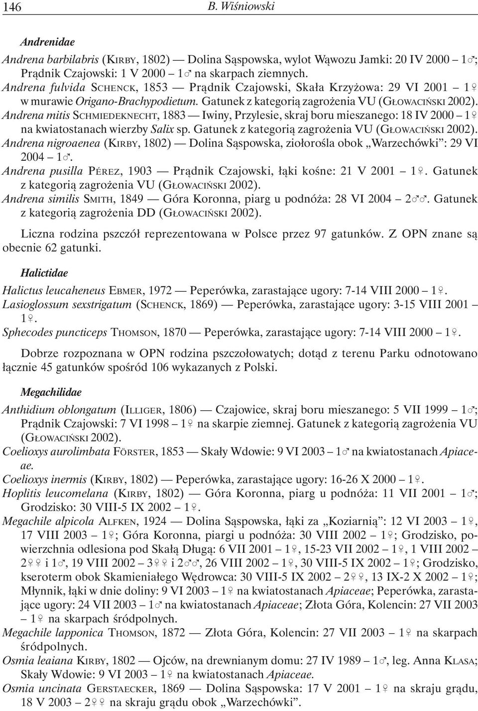 Andrena mitis SCHMIEDEKNECHT, 1883 Iwiny, Przylesie, skraj boru mieszanego: 18 IV 2000 1& na kwiatostanach wierzby Salix sp. Gatunek z kategorią zagrożenia VU (GŁOWACIŃSKI 2002).