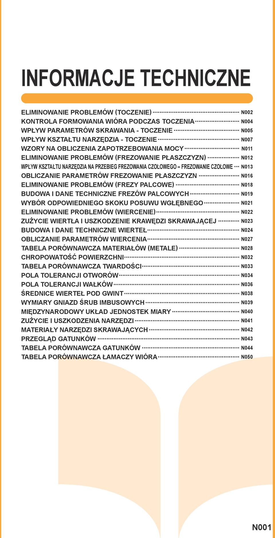 .. N13 OBLICZANIE PARAMETRÓW FREZOWANIE PŁASZCZYZN... N16 ELIMINOWANIE PROBLEMÓW (FREZY PALCOWE)... N18 BUDOWA I DANE TECHNICZNE FREZÓW PALCOWYCH... N19 WYBÓR ODPOWIEDNIEGO SKOKU POSUWU WGŁĘBNEGO.