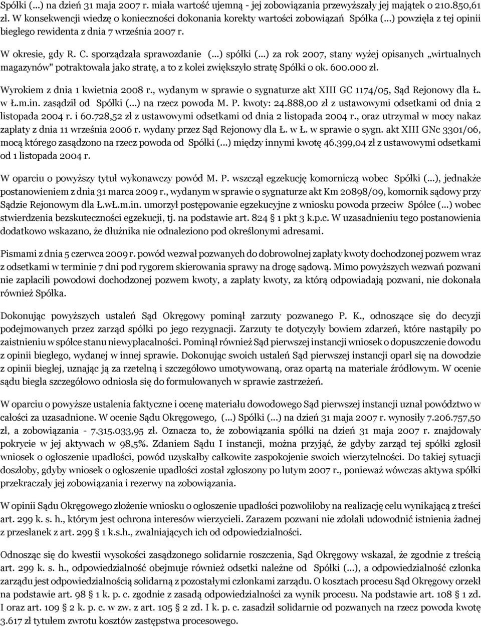 sporządzała sprawozdanie (...) spółki (...) za rok 2007, stany wyżej opisanych wirtualnych magazynów" potraktowała jako stratę, a to z kolei zwiększyło stratę Spółki o ok. 600.000 zł.