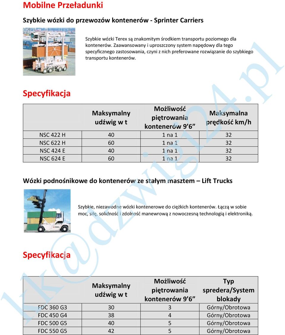 udźwig w t Możliwość piętrowania kontenerów 9 6 Maksymalna prędkość km/h NSC 422 H 40 1 na 1 32 NSC 622 H 60 1 na 1 32 NSC 424 E 40 1 na 1 32 NSC 624 E 60 1 na 1 32 Wózki podnośnikowe do kontenerów