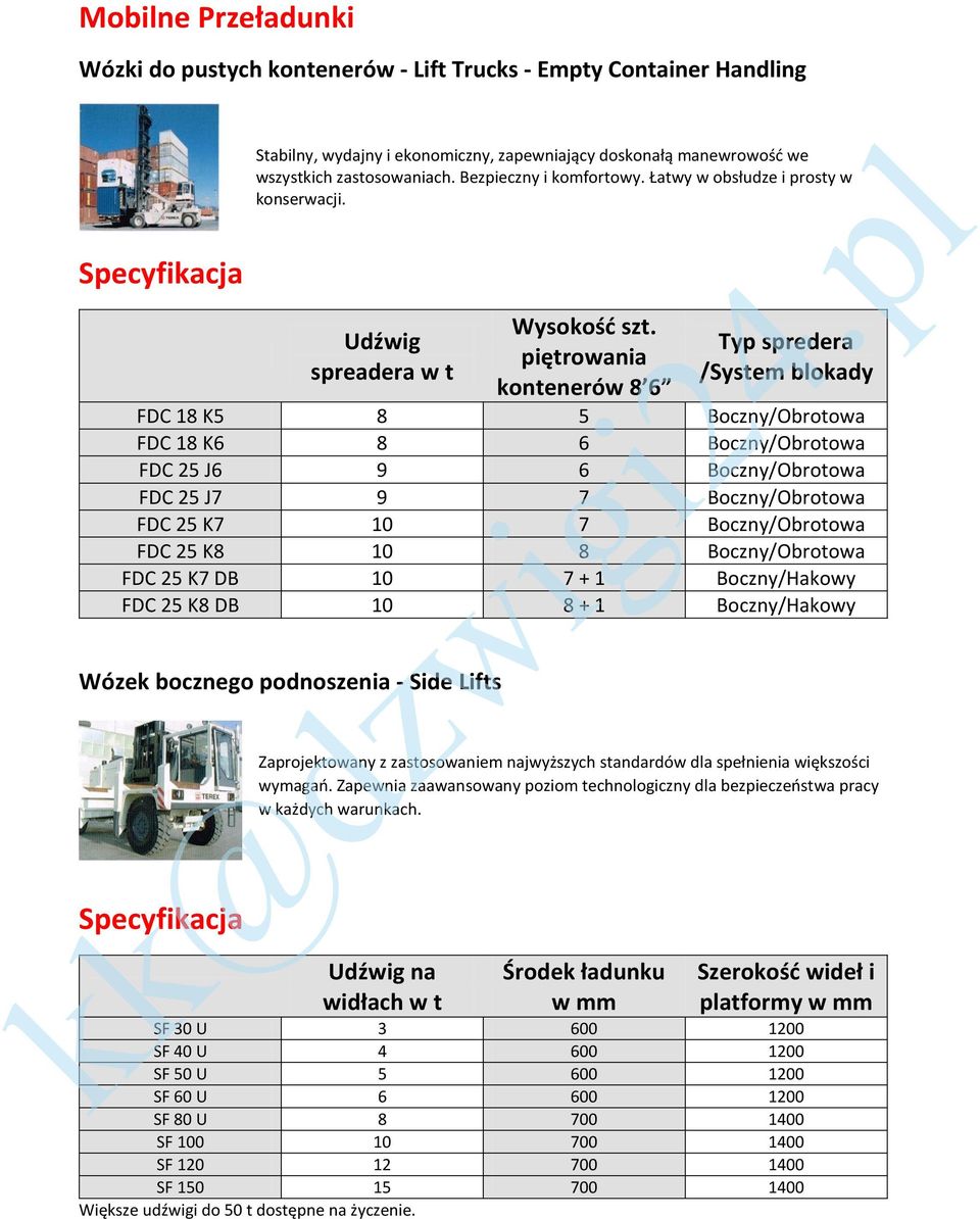 piętrowania kontenerów 8 6 Typ spredera /System blokady FDC 18 K5 8 5 Boczny/Obrotowa FDC 18 K6 8 6 Boczny/Obrotowa FDC 25 J6 9 6 Boczny/Obrotowa FDC 25 J7 9 7 Boczny/Obrotowa FDC 25 K7 10 7