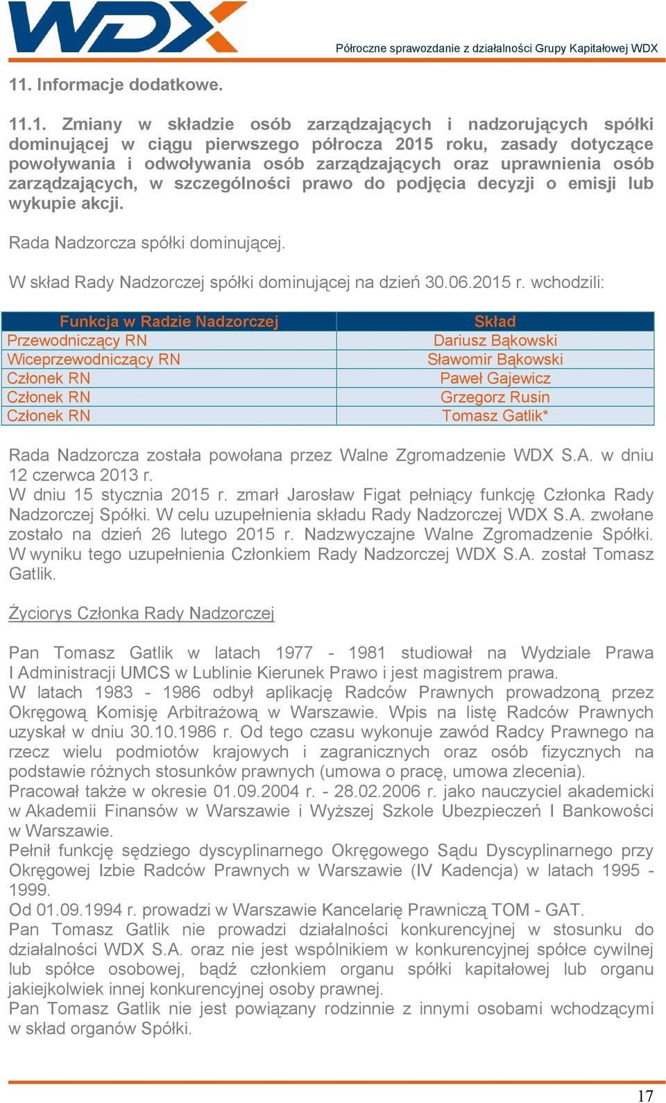 W skład Rady Nadzorczej spółki dominującej na dzień 30.06.2015 r.