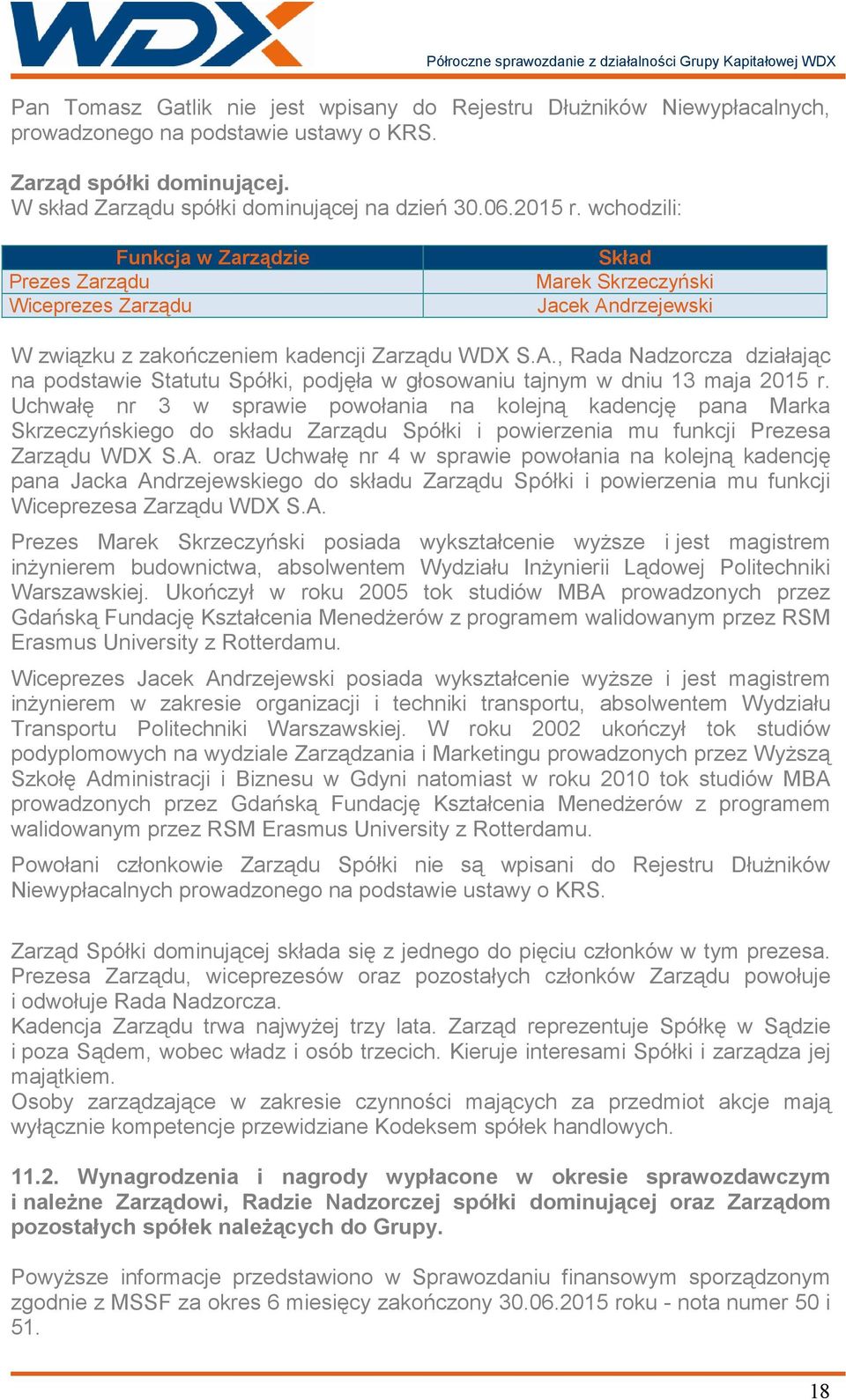 drzejewski W związku z zakończeniem kadencji Zarządu WDX S.A., Rada Nadzorcza działając na podstawie Statutu Spółki, podjęła w głosowaniu tajnym w dniu 13 maja 2015 r.