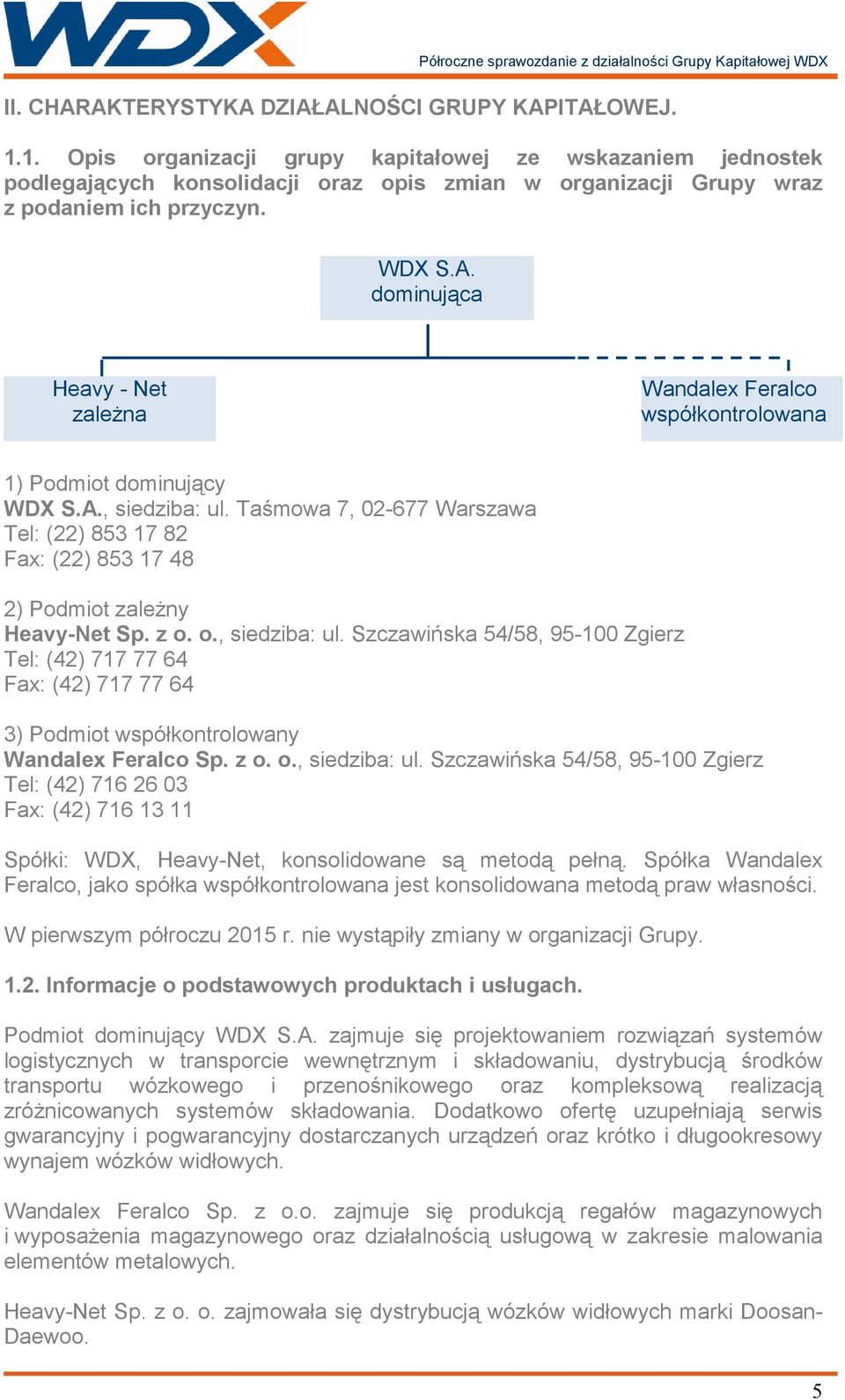 dominująca Heavy - Net zaleŝna Wandalex Feralco współkontrolowana 1) Podmiot dominujący WDX S.A., siedziba: ul.