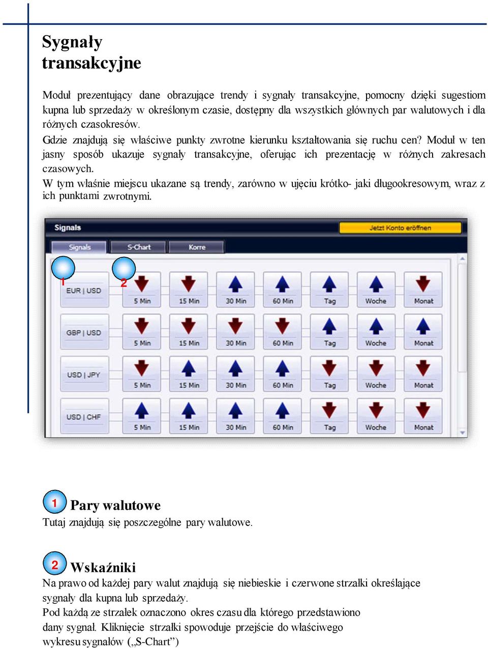 Moduł w ten jasny sposób ukazuje sygnały transakcyjne, oferując ich prezentację w różnych zakresach czasowych.