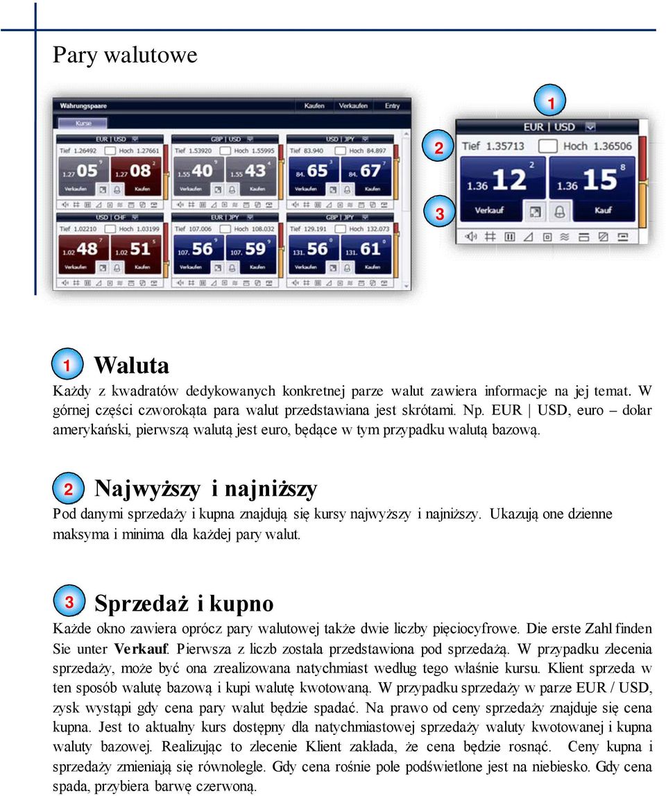 Ukazują one dzienne maksyma i minima dla każdej pary walut. 3 Sprzedaż i kupno Każde okno zawiera oprócz pary walutowej także dwie liczby pięciocyfrowe. Die erste Zahl finden Sie unter Verkauf.