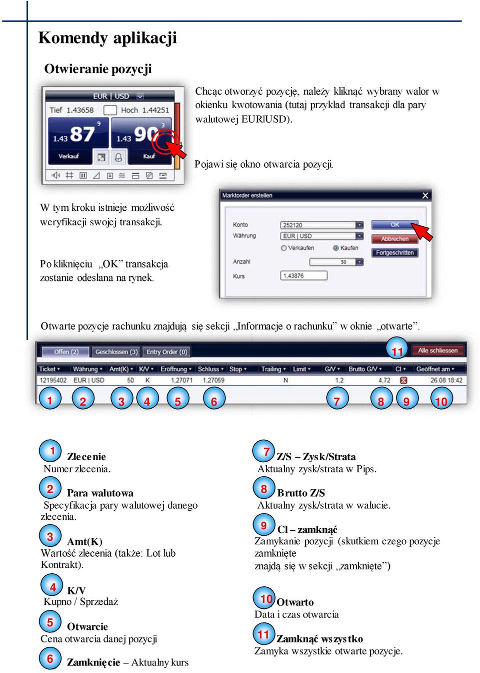 Otwarte pozycje rachunku znajdują się sekcji Informacje o rachunku w oknie otwarte. 11 1 2 3 4 5 6 7 8 9 10 1 Zlecenie Numer zlecenia. 2 Para walutowa Specyfikacja pary walutowej danego zlecenia.