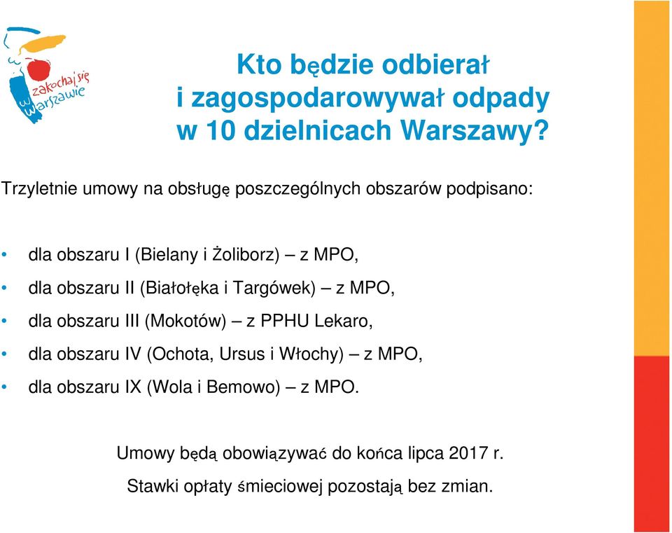 obszaru II (Białołęka i Targówek) z MPO, dla obszaru III (Mokotów) z PPHU Lekaro, dla obszaru IV (Ochota,