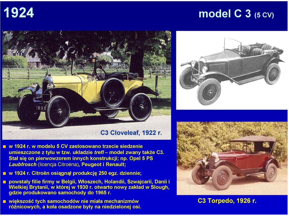 Citroën osiągnął produkcję 250 egz. dziennie; powstały filie firmy w Belgii, Włoszech, Holandii, Szwajcarii, Danii i Wielkiej Brytanii, w której w 1930 r.