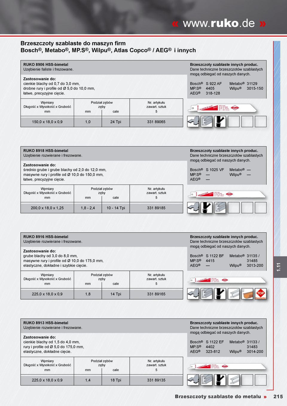 S 4405 Wilpu 3015-150 AEG 318-128 150,0 x 18,0 x 0,9 1,0 24 Tpi 331 89065 RUKO 8918 HSS-bimetal średnio grube i grube blachy od 2,0 do 12,0 mm, masywne rury i profile od Ø 10,0 do 150,0 mm, łatwe,