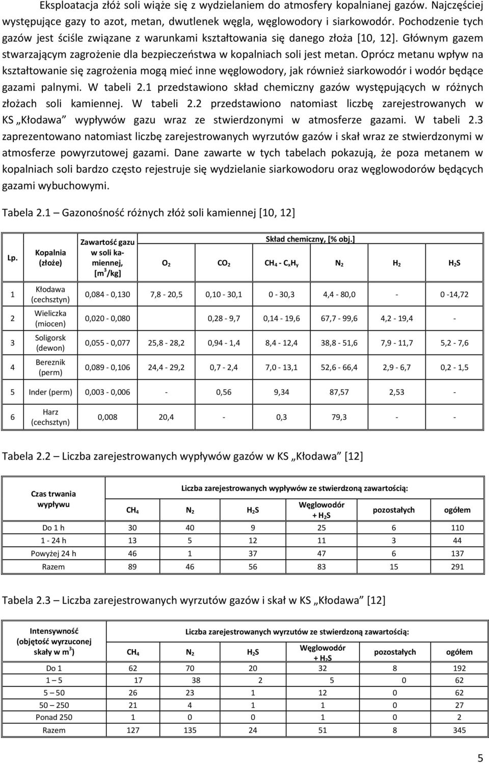 Oprócz metanu wpływ na kształtowanie się zagrożenia mogą mieć inne węglowodory, jak również siarkowodór i wodór będące gazami palnymi. W tabeli 2.