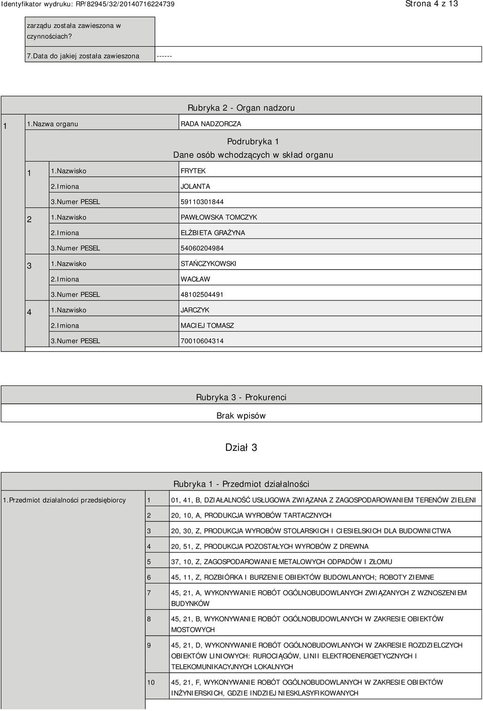 Numer PESEL 54060204984 3 1.Nazwisko STAŃCZYKOWSKI 2.Imiona WACŁAW 3.Numer PESEL 48102504491 4 1.Nazwisko JARCZYK 2.Imiona MACIEJ TOMASZ 3.