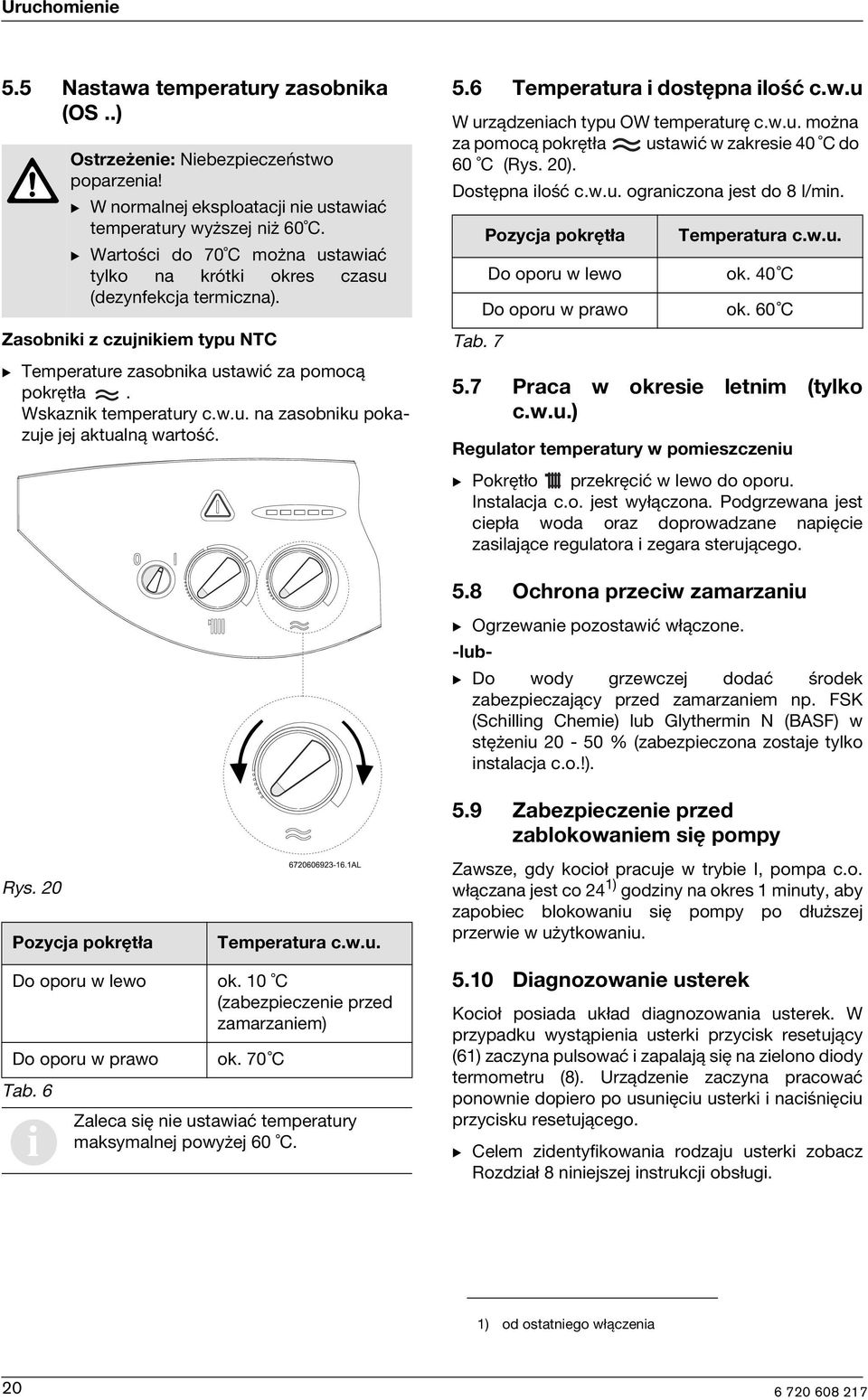 5.6 Temperatura i dostępna ilość c.w.u W urządzeniach typu OW temperaturę c.w.u. można za pomocą pokrętła ustawić w zakresie 40 C do 60 C (Rys. 20). Dostępna ilość c.w.u. ograniczona jest do 8 l/min.