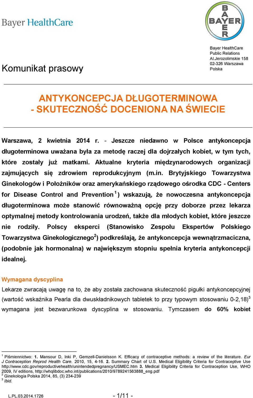 Aktualne kryteria międzynarodowych organizacji zajmujących się zdrowiem reprodukcyjnym (m.in.