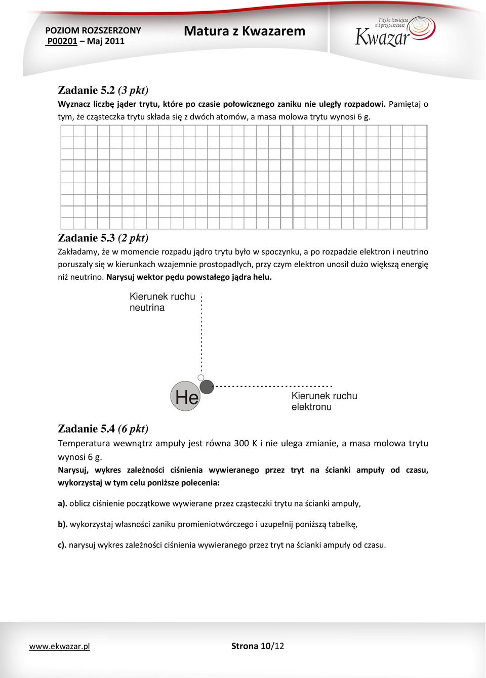 3 (2 pkt) Zakładamy, że w momencie rozpadu jądro trytu było w spoczynku, a po rozpadzie elektron i neutrino poruszały się w kierunkach wzajemnie prostopadłych, przy czym elektron unosił dużo większą