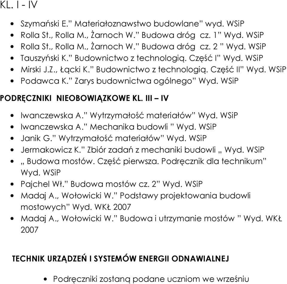 WSiP PODRĘCZNIKI NIEOBOWIĄZKOWE II IV Iwanczewska A. Wytrzymałość materiałów Wyd. WSiP Iwanczewska A. Mechanika budowli Wyd. WSiP Janik G. Wytrzymałość materiałów Wyd. WSiP Jermakowicz K.