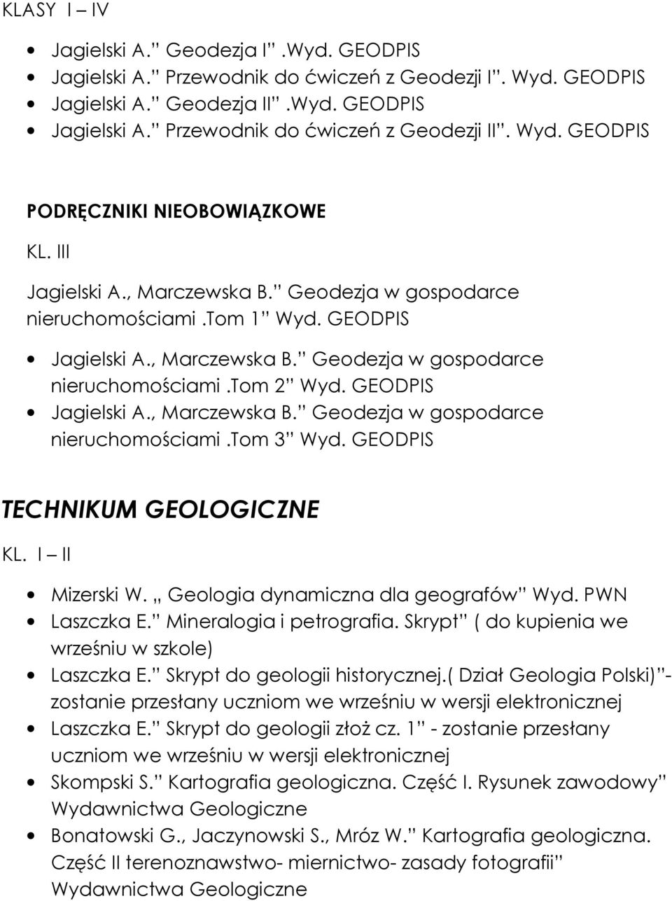 GEODPIS Jagielski A., Marczewska B. Geodezja w gospodarce nieruchomościami.tom 3 Wyd. GEODPIS TECHNIKUM GEOLOGICZNE II Mizerski W. Geologia dynamiczna dla geografów Wyd. PWN Laszczka E.