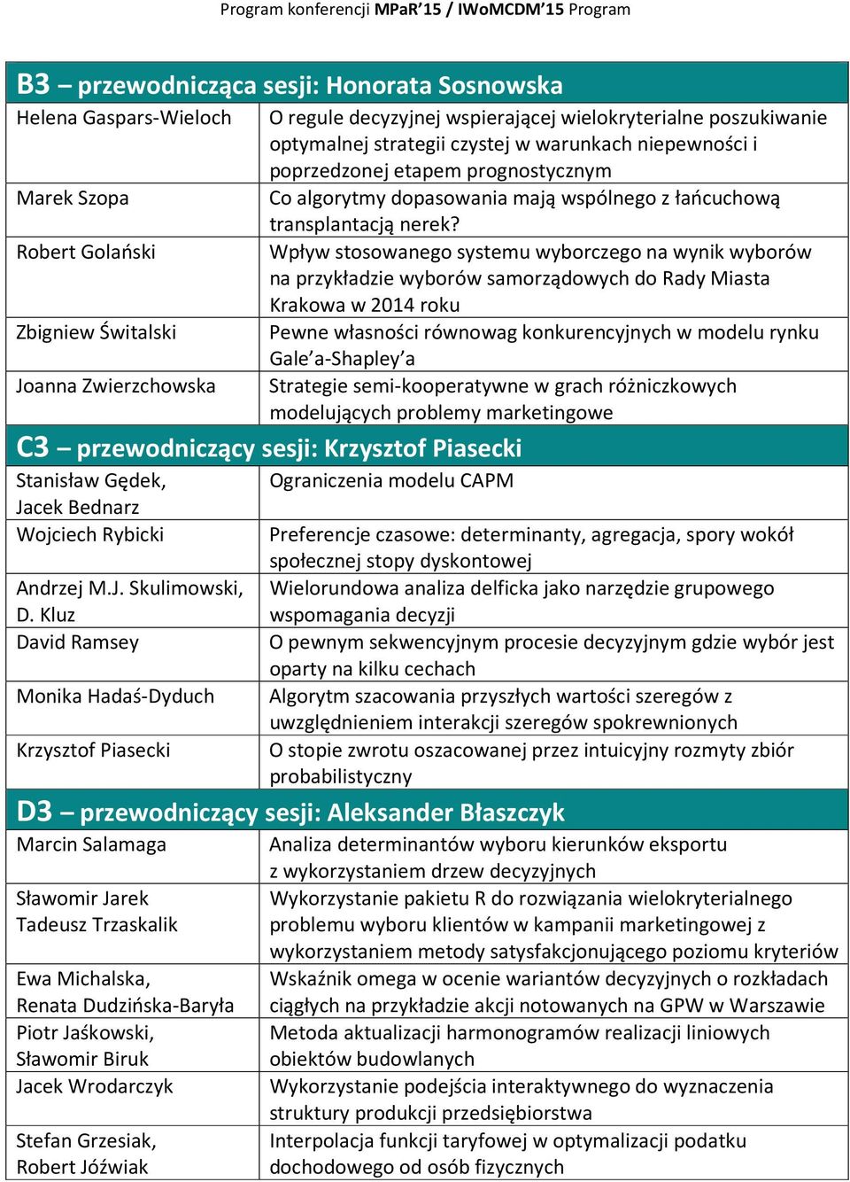 Wpływ stosowanego systemu wyborczego na wynik wyborów na przykładzie wyborów samorządowych do Rady Miasta Krakowa w 2014 roku Pewne własności równowag konkurencyjnych w modelu rynku Gale a-shapley a