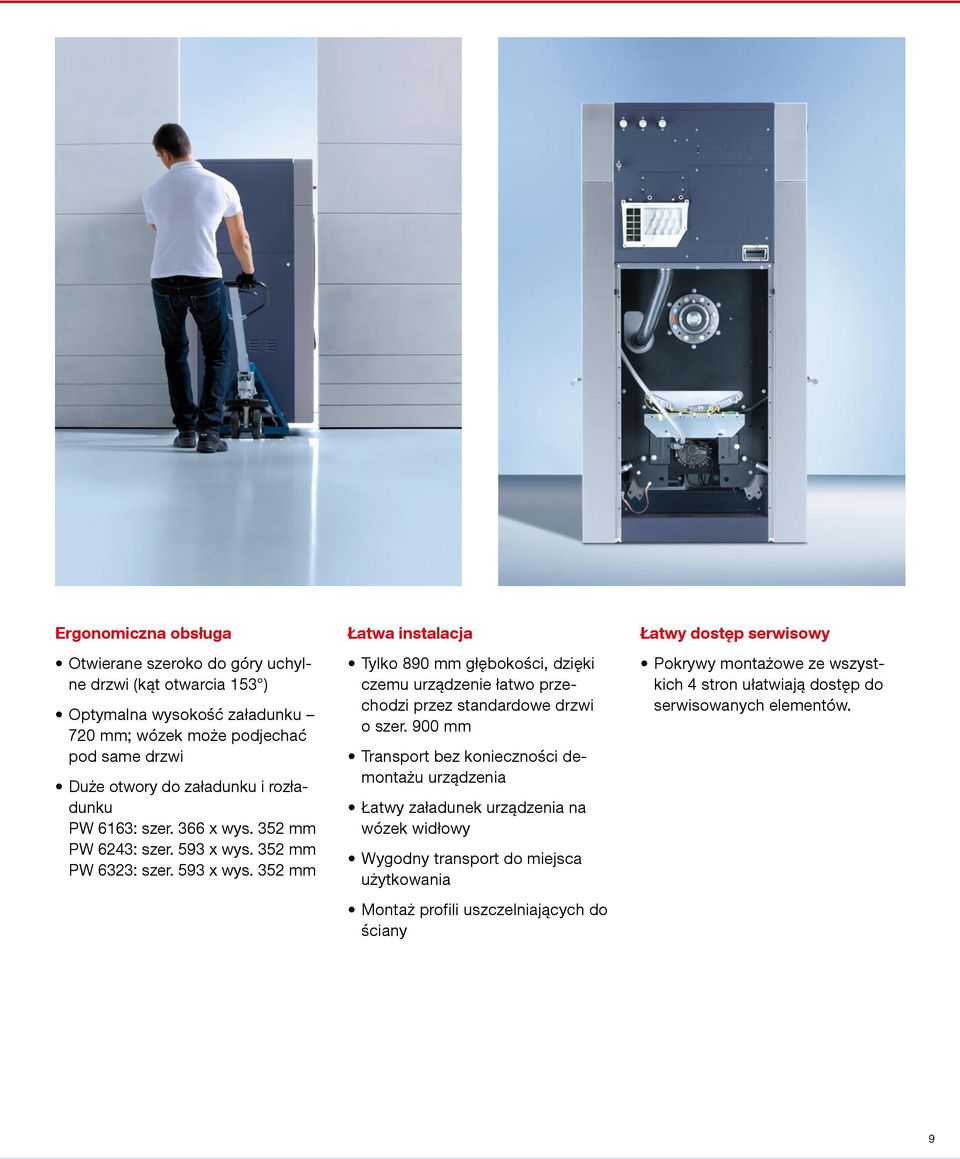 352 mm PW 6323: szer. 593 x wys. 352 mm Łatwa instalacja Tylko 890 mm głębokości, dzięki czemu urządzenie łatwo przechodzi przez standardowe drzwi o szer.
