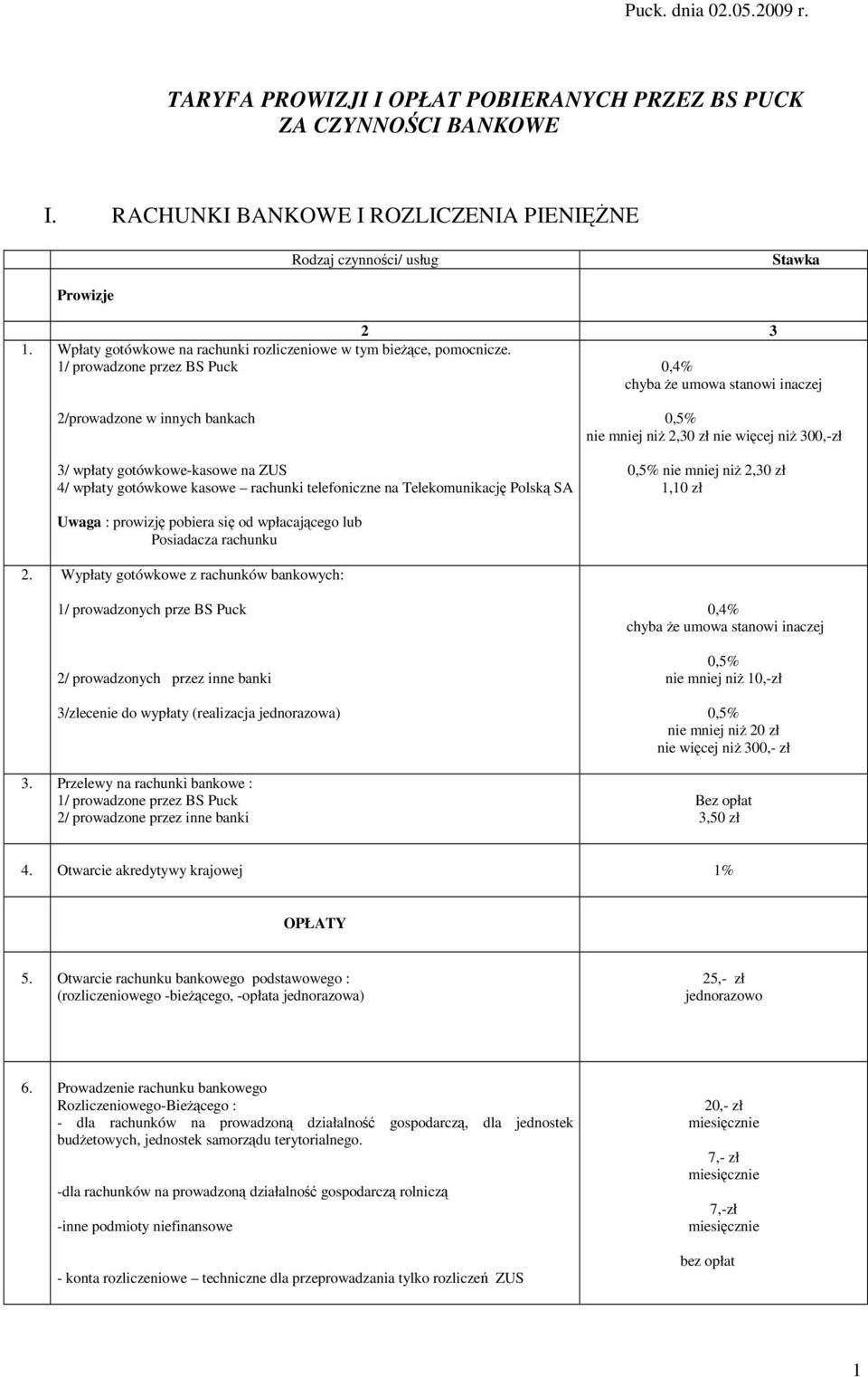 1/ prowadzone przez BS Puck 2 3 0,4% chyba e umowa stanowi inaczej 2/prowadzone w innych bankach 3/ wpłaty gotówkowe-kasowe na ZUS 4/ wpłaty gotówkowe kasowe rachunki telefoniczne na Telekomunikacj