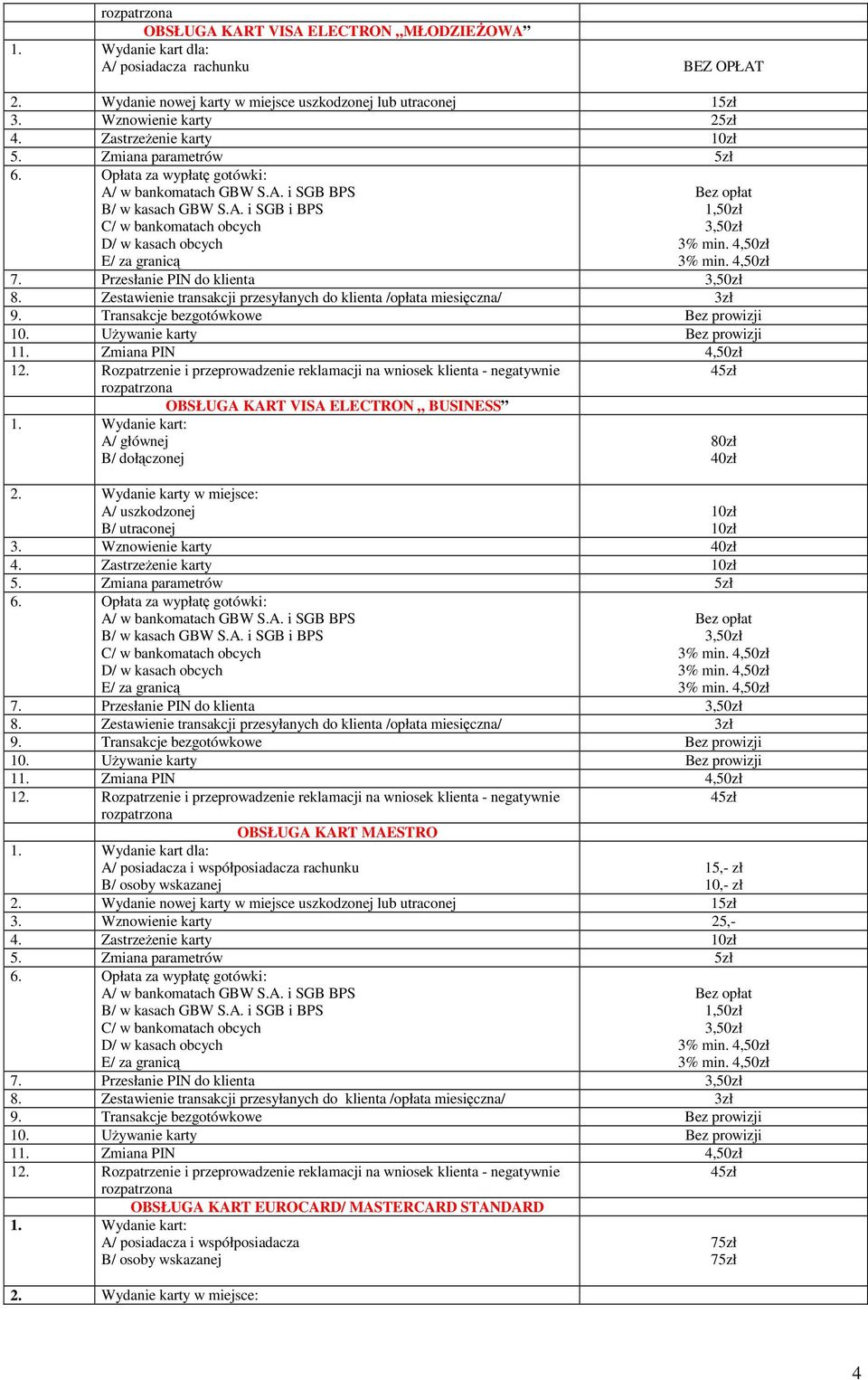 Zestawienie transakcji przesyłanych do klienta /opłata miesiczna/ 3zł 9. Transakcje bezgotówkowe 10. Uywanie karty 11. Zmiana PIN 4,50zł 12.