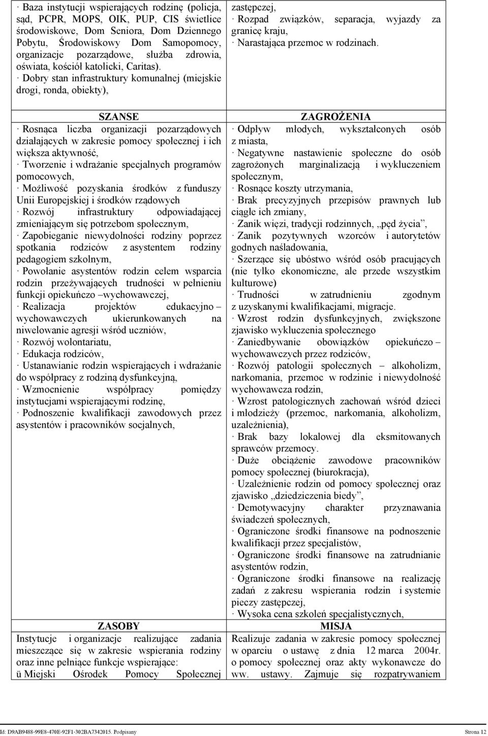 Dobry stan infrastruktury komunalnej (miejskie drogi, ronda, obiekty), SZANSE Rosnąca liczba organizacji pozarządowych działających w zakresie pomocy społecznej i ich większa aktywność, Tworzenie i