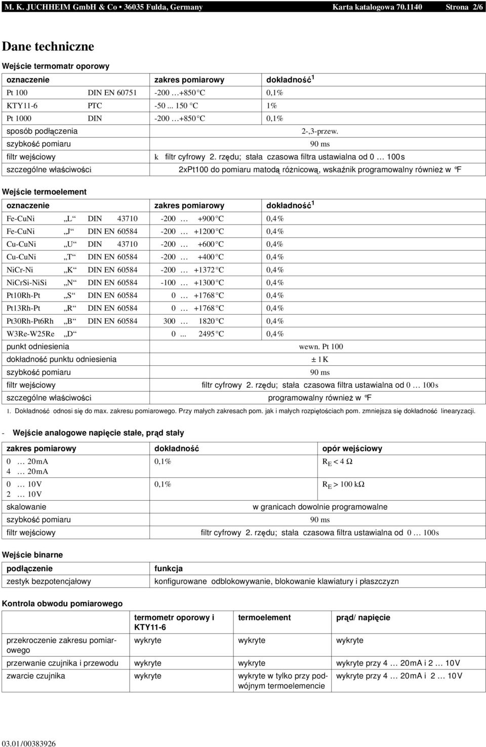 .. 150 C 1% Pt 1000 DIN -200 +850 C 0,1% sposób podł czenia szybo pomiaru Wej cie termoelement 2-,3-przew. filtr wej ciowy filtr cyfrowy 2.