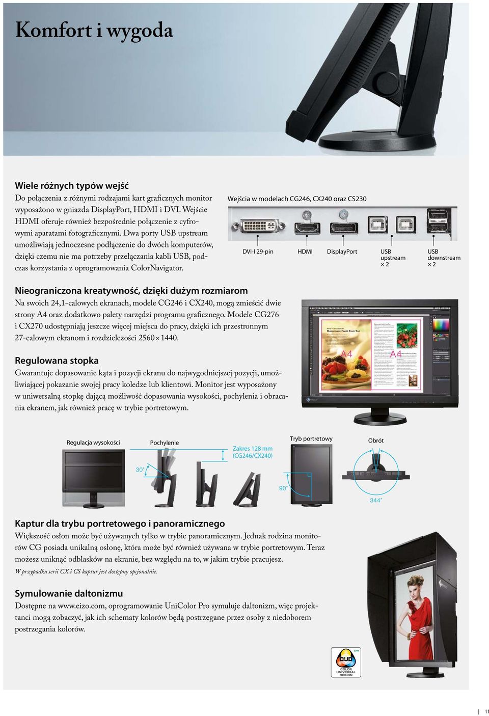 Dwa porty USB upstream umożliwiają jednoczesne podłączenie do dwóch komputerów, dzięki czemu nie ma potrzeby przełączania kabli USB, podczas korzystania z oprogramowania ColorNavigator.