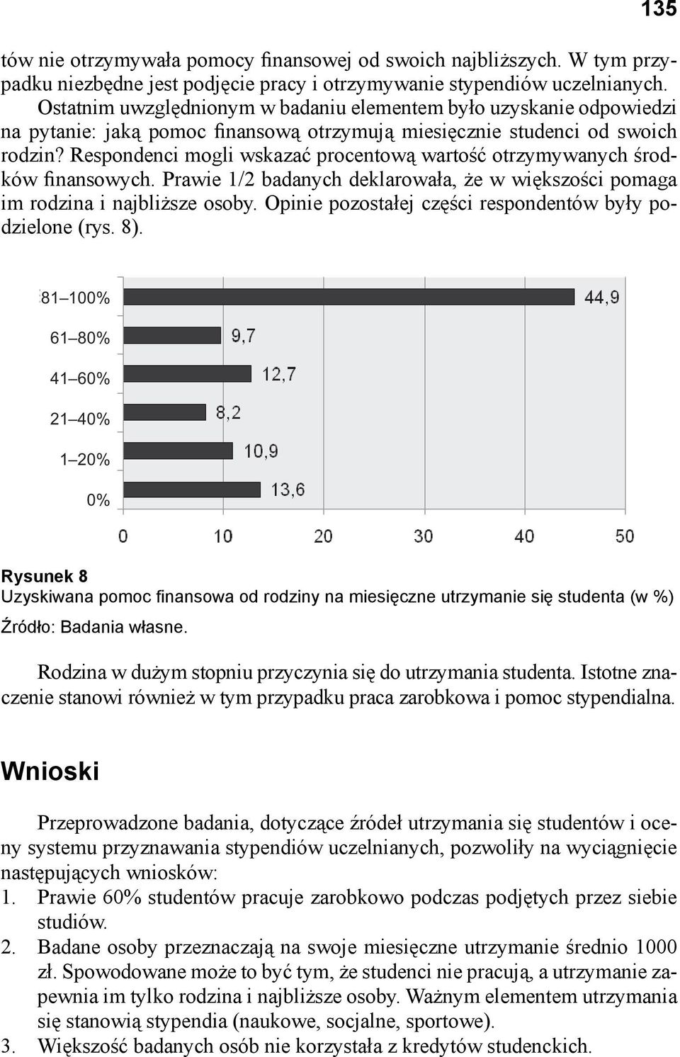 Respondenci mogli wskazać procentową wartość otrzymywanych środków finansowych. Prawie 1/2 badanych deklarowała, że w większości pomaga im rodzina i najbliższe osoby.