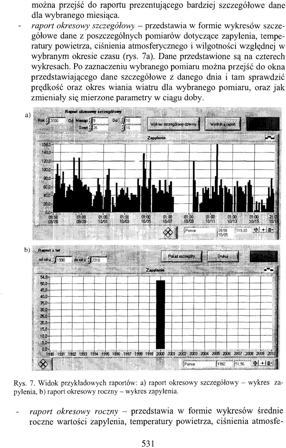 wybranym okresie czasu (rys. 7a). Dane przedstawione są na czterech wykresach.