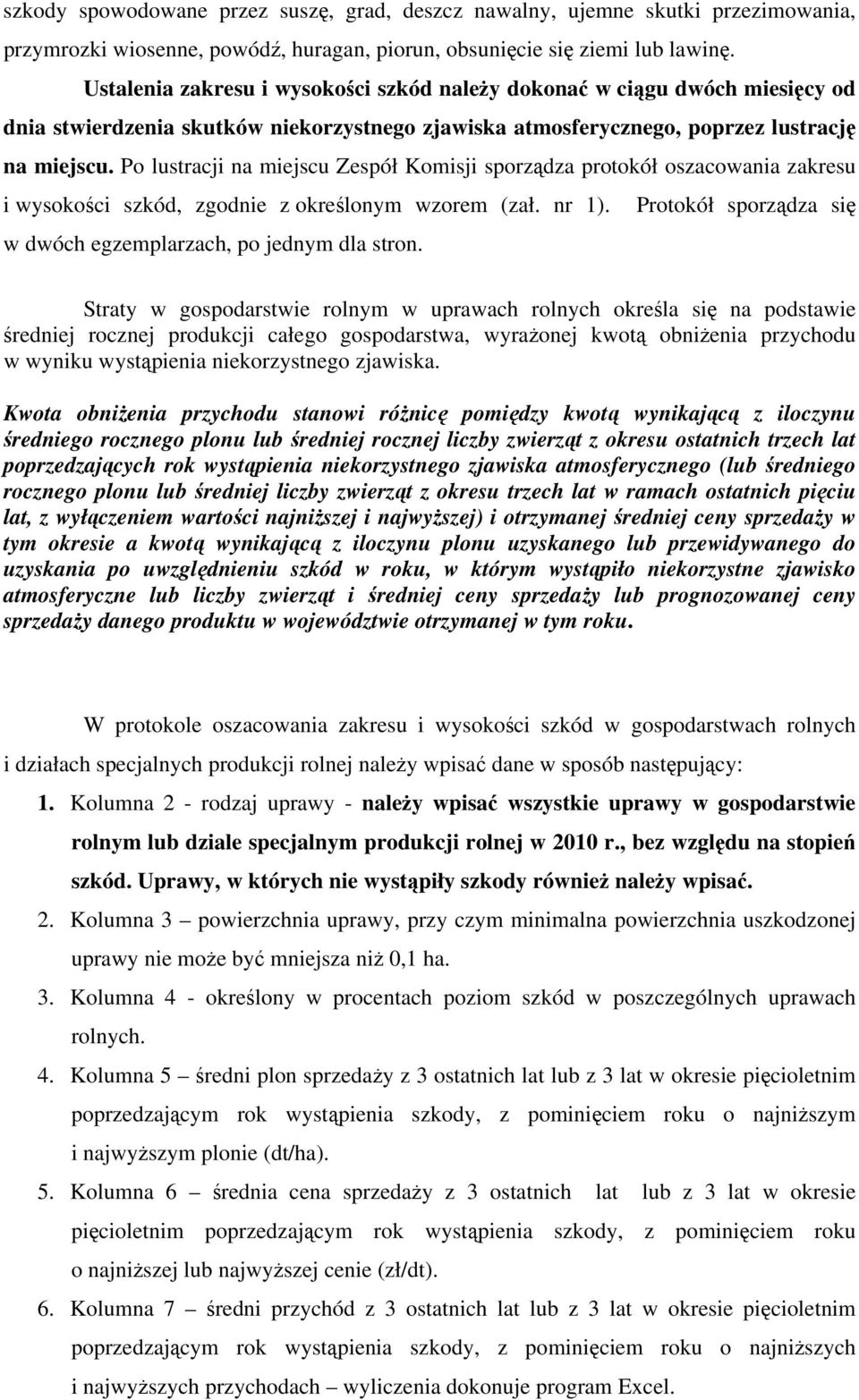 Po lustracji na miejscu Zespół Komisji sporządza protokół oszacowania zakresu i wysokości szkód, zgodnie z określonym wzorem (zał. nr 1).