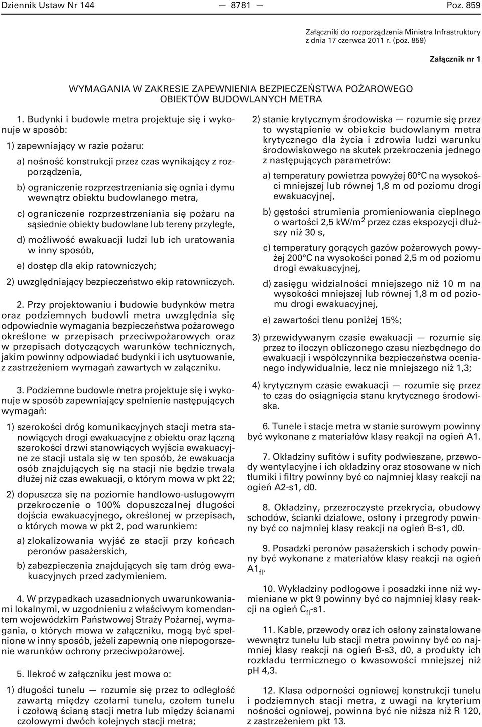 Budynki i budowle metra projektuje się i wykonuje w sposób: 1) zapewniający w razie pożaru: a) nośność konstrukcji przez czas wynikający z rozporządzenia, b) ograniczenie rozprzestrzeniania się ognia