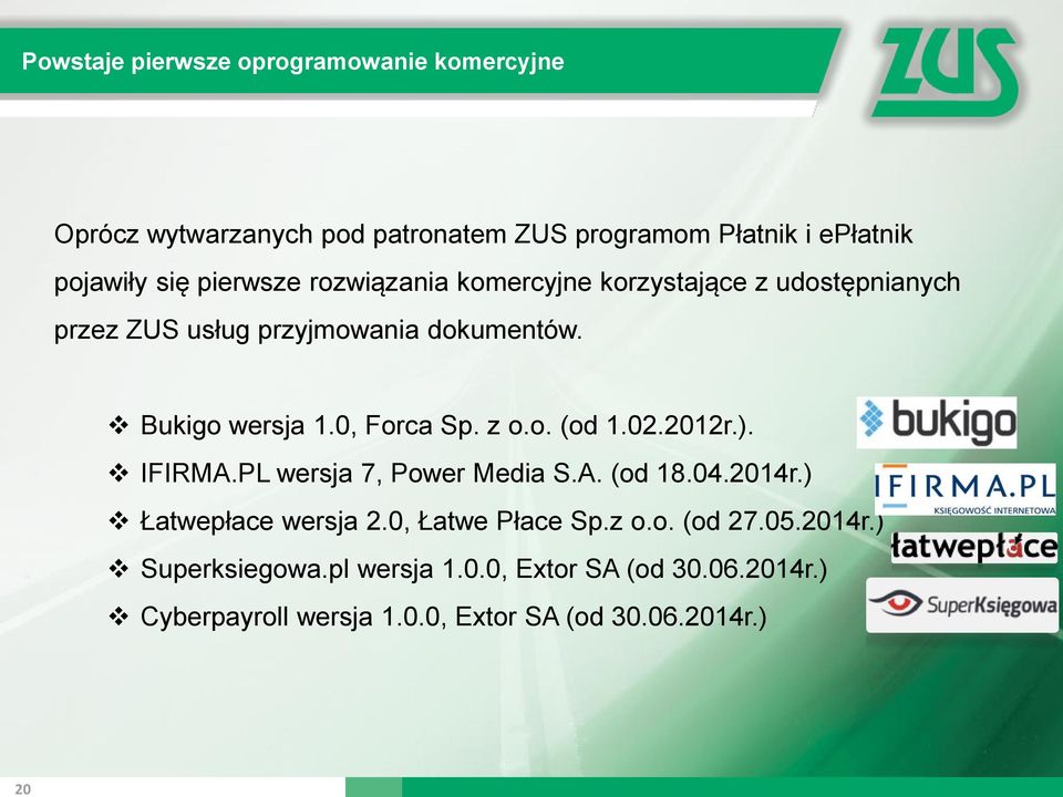 0, Forca Sp. z o.o. (od 1.02.2012r.). IFIRMA.PL wersja 7, Power Media S.A. (od 18.04.2014r.) Łatwepłace wersja 2.